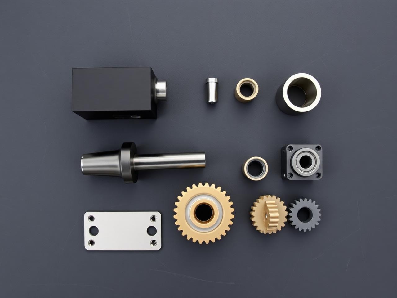 Variety of CNC machined parts in different materials and finishes — aluminum, stainless steel, brass, Delrin